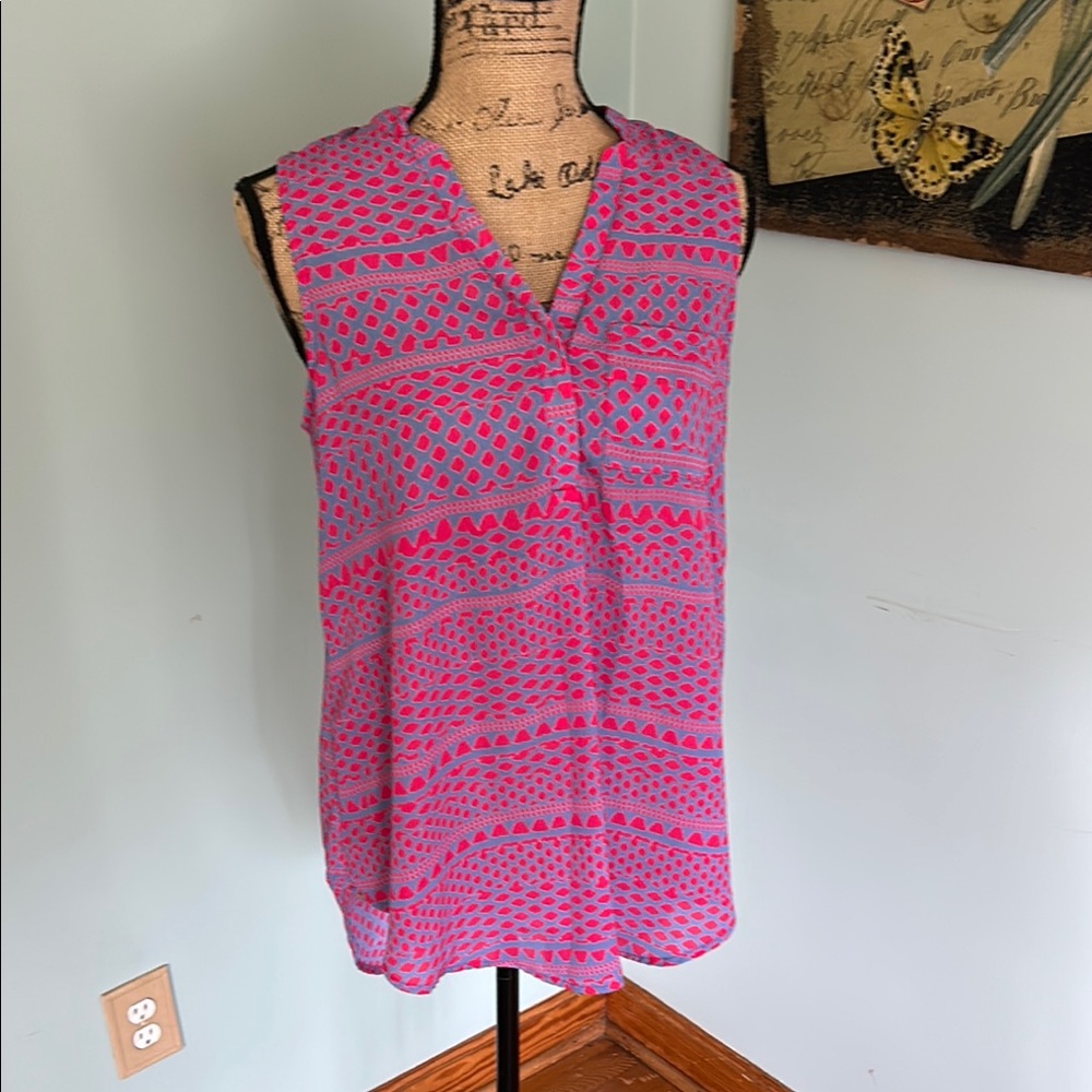 NWT  Papermoon Pink and White Sleeveless Blouse with Mandarin Collar size L